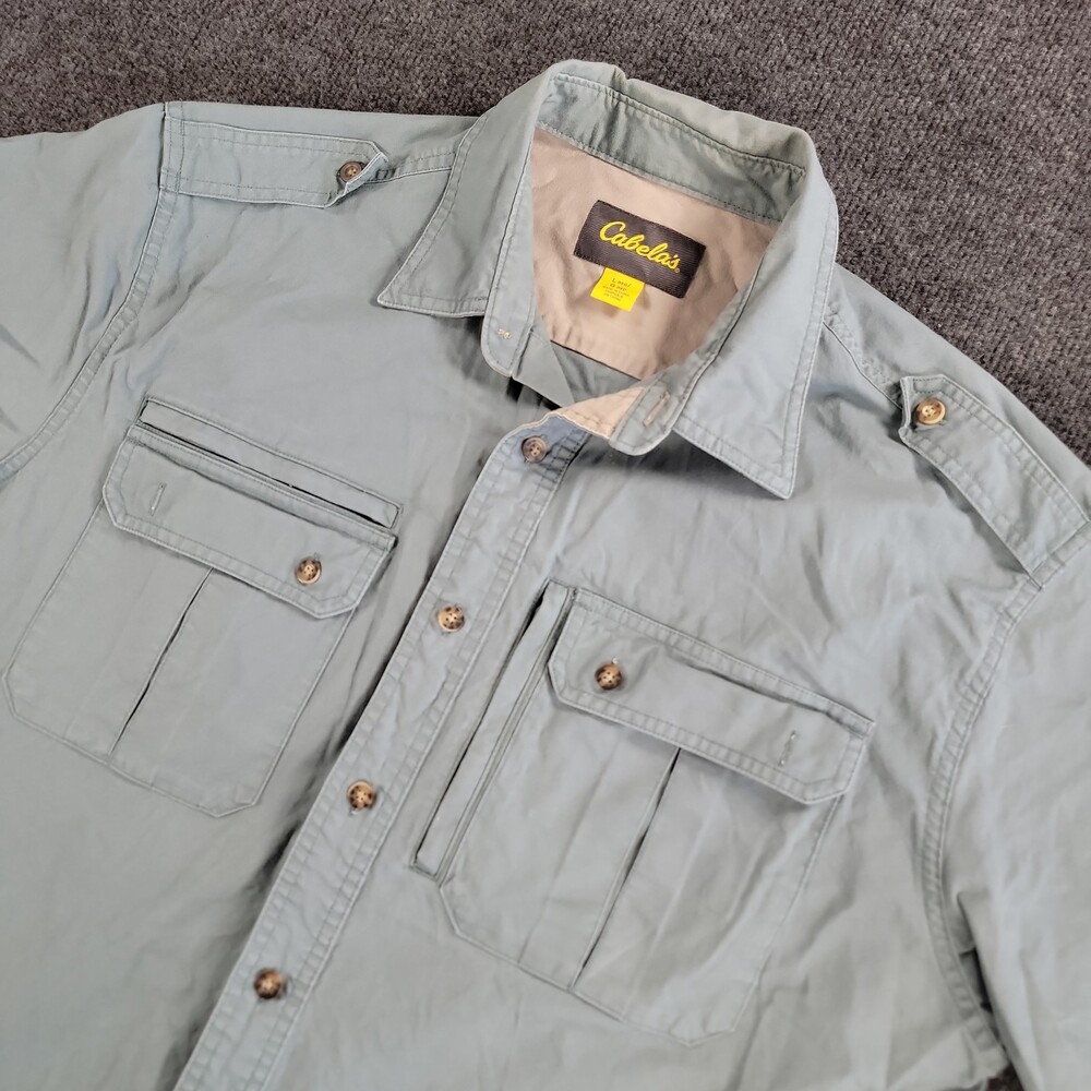 Cabelas Shirt Hunting Fishing Men Size Large Green Canvas Button Up Outdoor